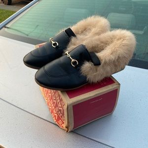 Girls fur slip on flats